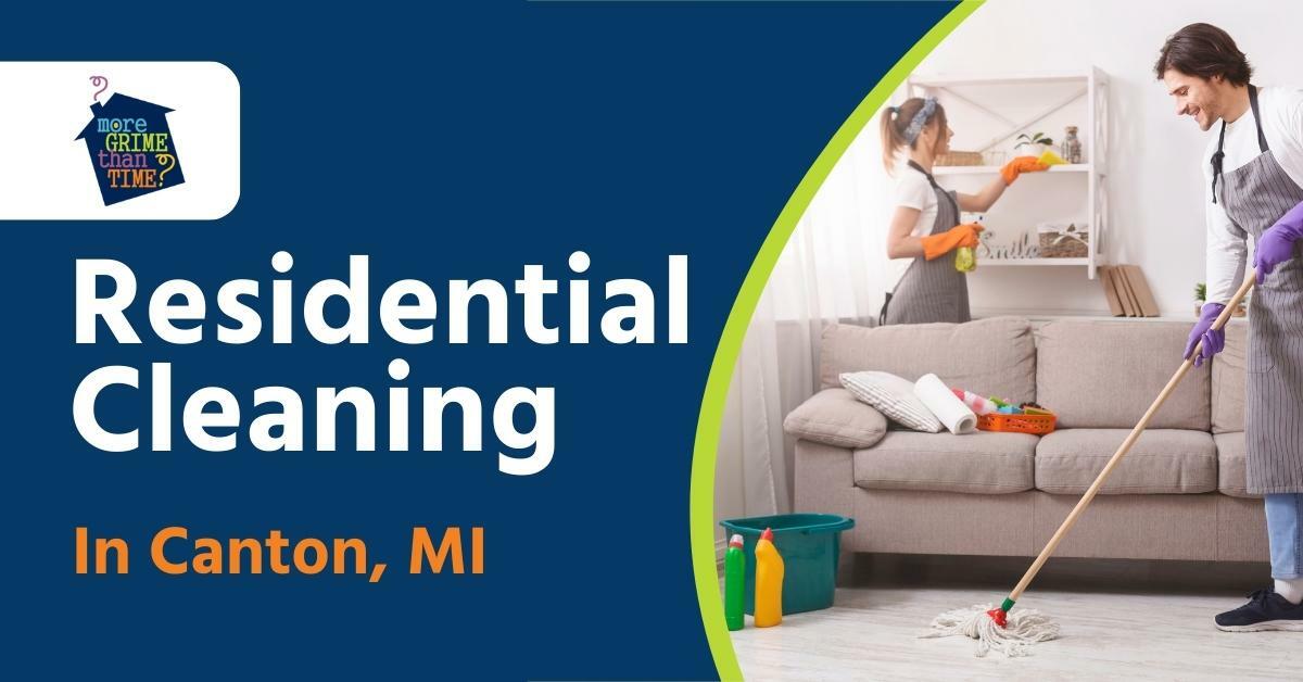 A Man Cleaning With A Mop Next To a Couch, While a Woman Cleans a Shelf Behind the Couch | Residential Cleaning in Canton, MI | More Grime Than Time