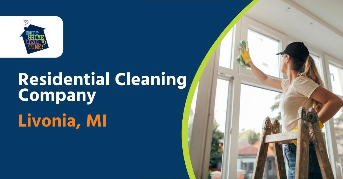 A Cleaning Woman Standing on A Ladder Washing A Window | Residential Cleaning Near Livonia, MI | More Grime Than Time