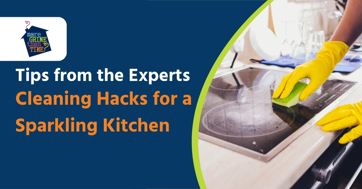 A Person With Yellow Cleaning Gloves and a Sponge Cleaning The Top of an Electric Stove With Glasses and Plates Drying on Blue Towel in the Background | Cleaning Hacks for a Sparkling Clean Kitchen | More Grime Than Time