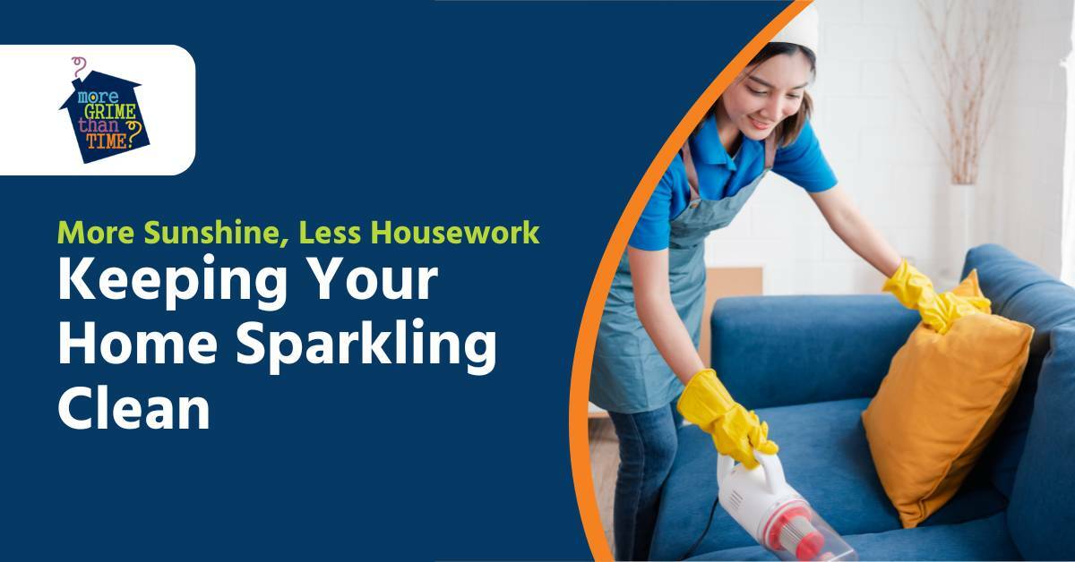 A Professional Cleaner With Yellow Rubber Gloves Using a Handle Held Vacuum To Clean a Blue Couch With an Orange Pillow | More Sunshine, Less Housework | Keeping Your Home Sparkling Clean | More Grime Than Time