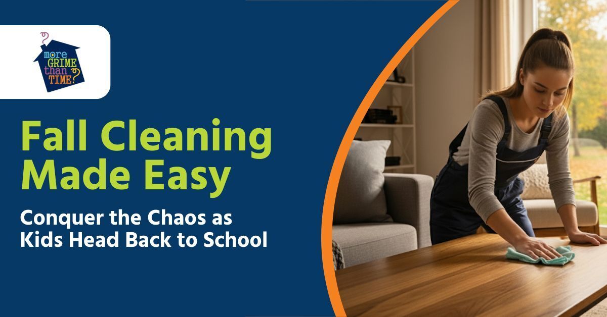 Fall Cleaning Made Easy: Woman cleaning a table with autumn colors, dynamic orange curve, and back-to-school theme.